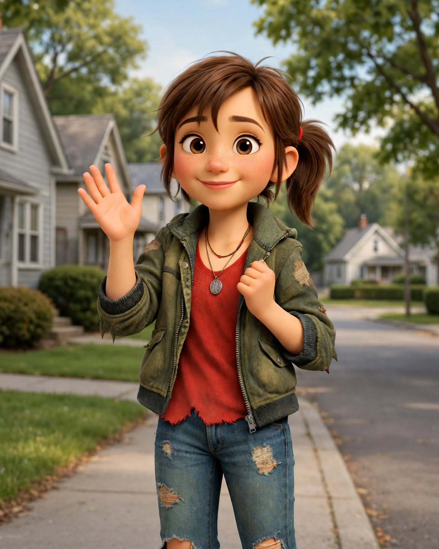 Sally waving hello on a sunny street