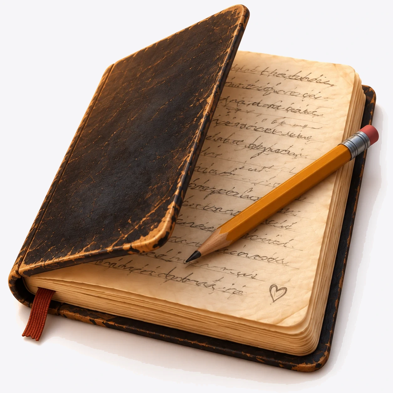 3D render of Sally's worn songwriting notebook, slightly open with a pencil resting across the pages