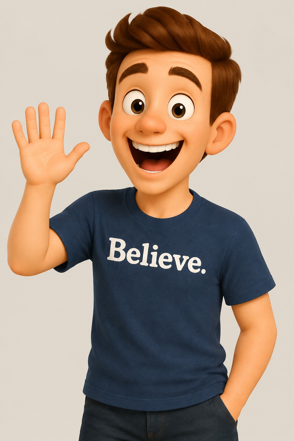 Chadwick waving in his Believe. shirt
