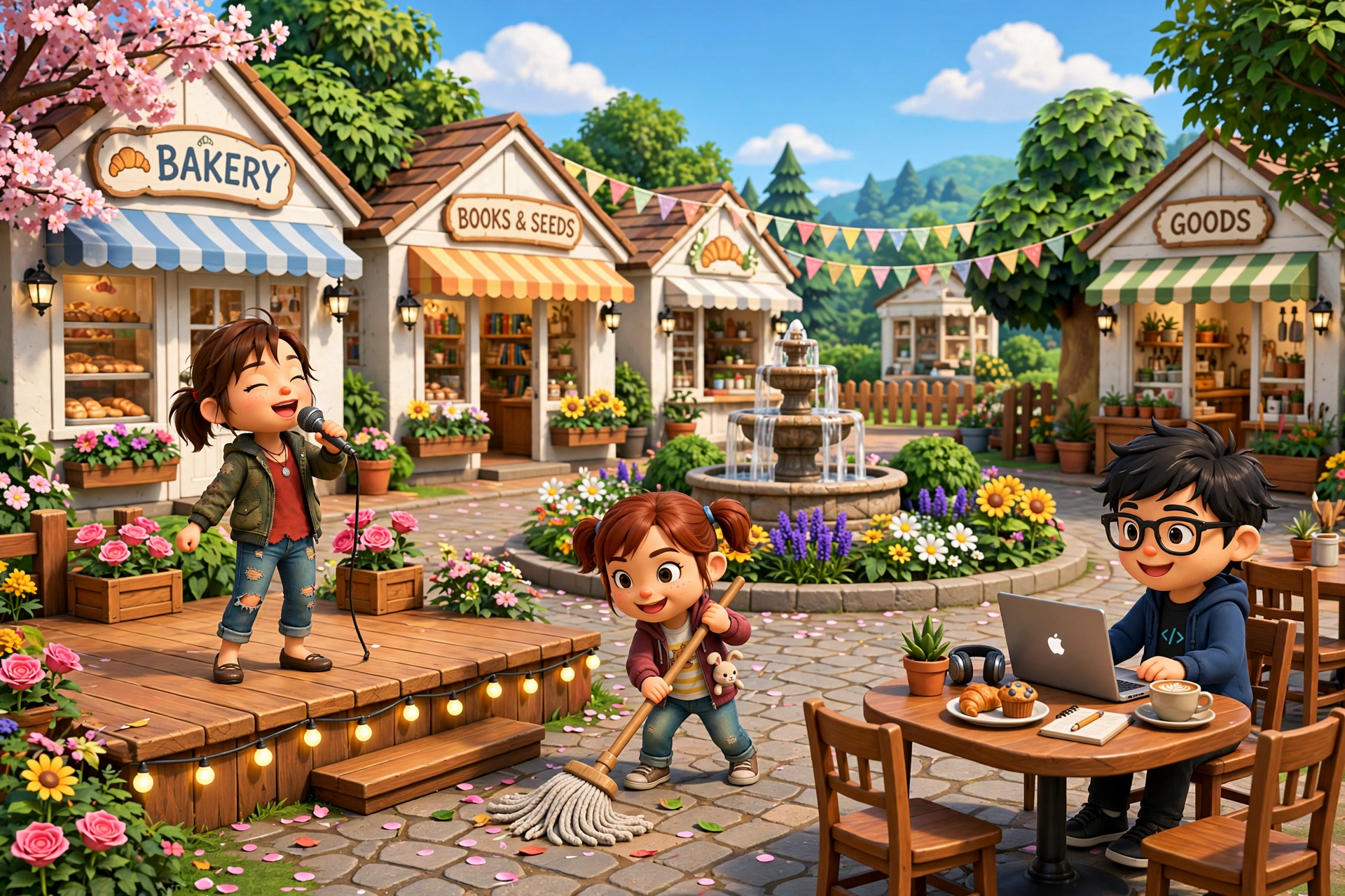 Sunny E2 town square with Studio characters