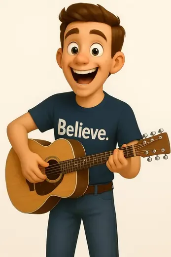 Chadwick Blaze playing guitar in his Believe shirt