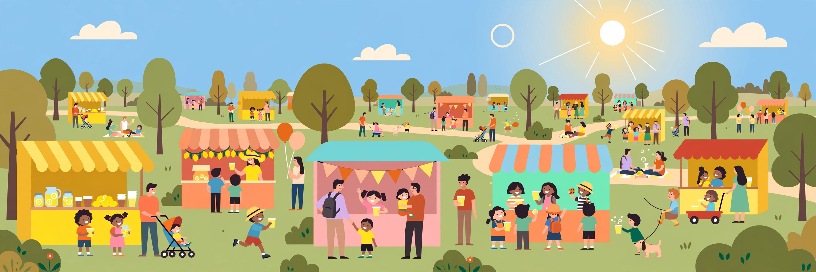 Lemonade stands all over the sunny park