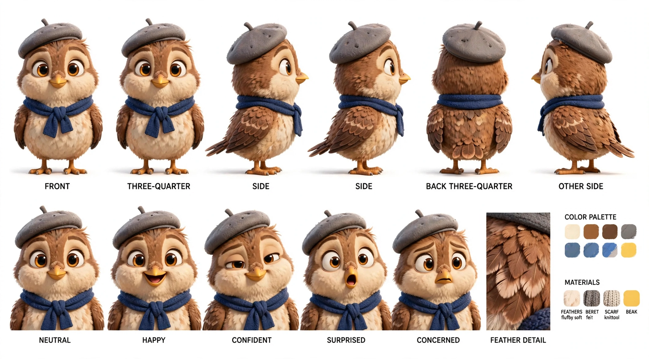 Plume character reference sheet