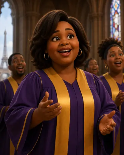 Gloria singing in a purple and gold robe
